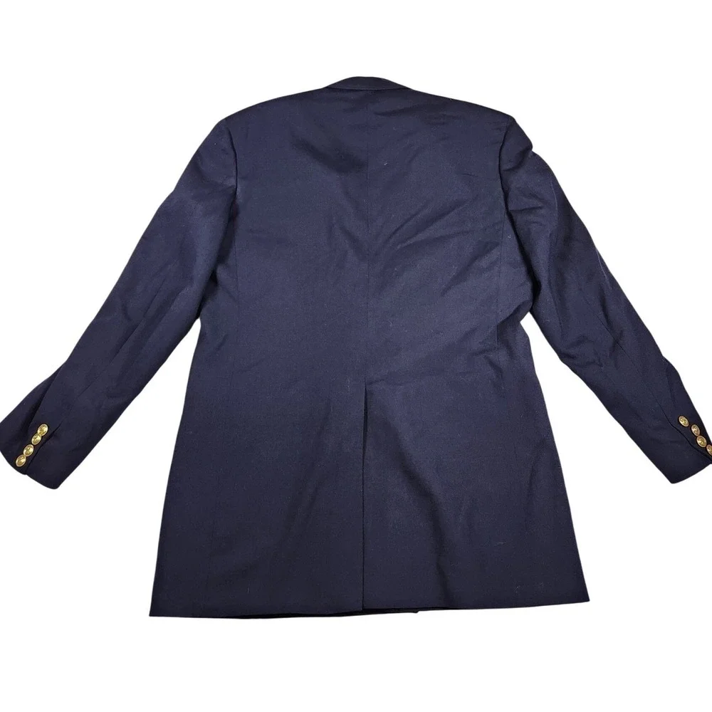 Vintage 90s Lands End 40L Navy Wool Double Breasted Blazer‎ Gold Crest Buttons